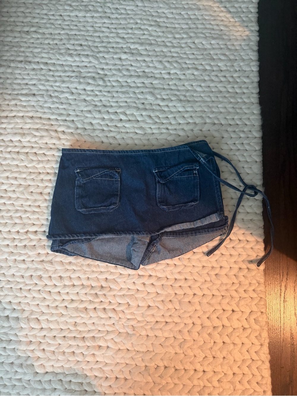Princess Polly Dark Blue Denim Wrap Shorts with Tie